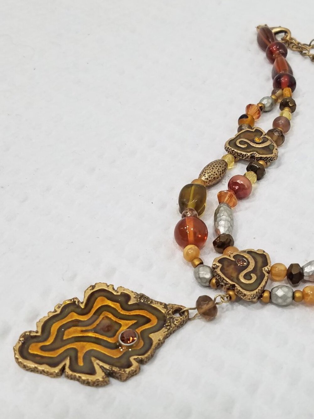 Signed Chico's Olive Cognac Crystal & Brass Multi Strand Pendant Choker Necklace - Picture 2 of 6